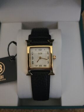 BiBi Luxury Watch Gold-Tone Rectangular Watch with Black Genuine Leather Strap